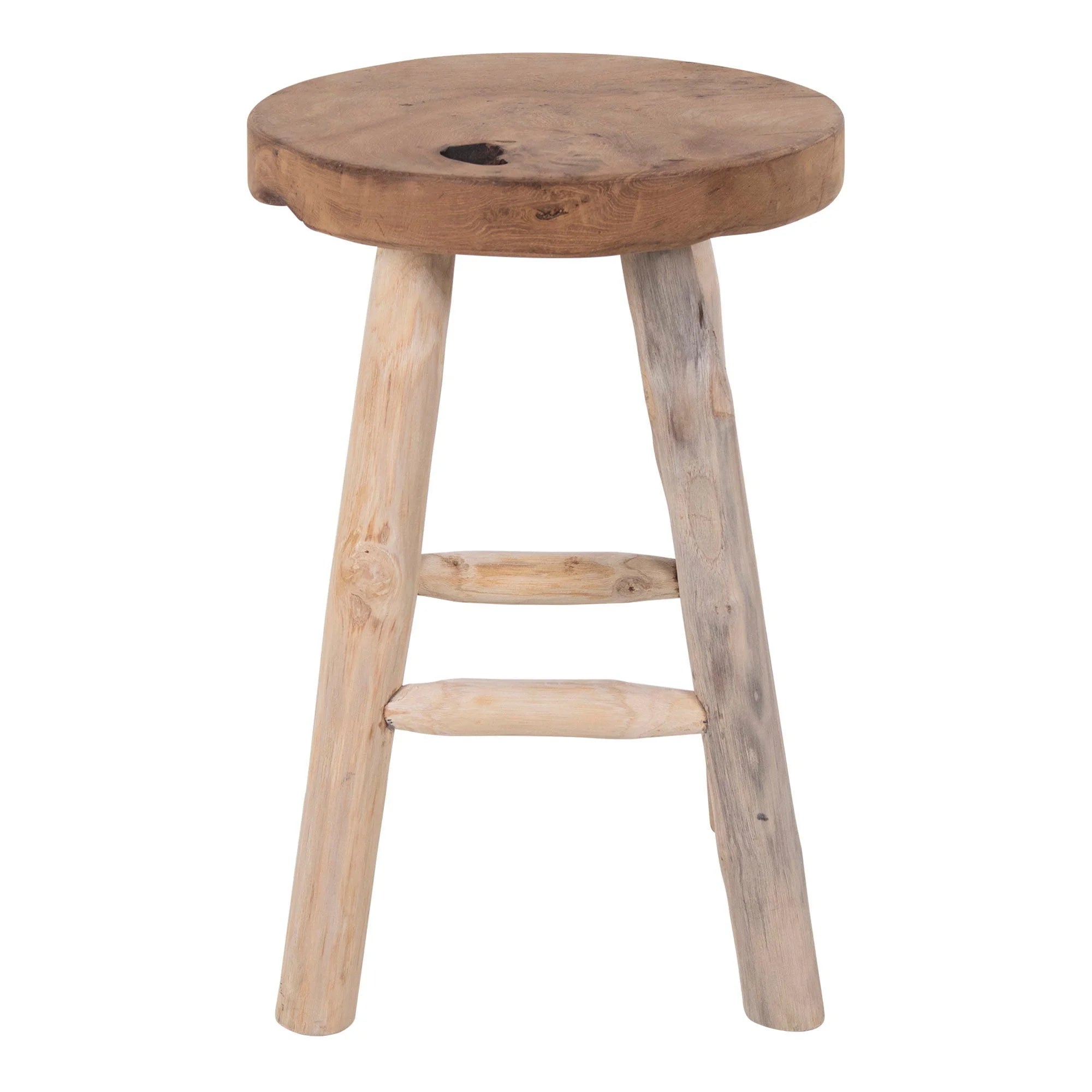 Tabouret rond en teck massif naturel avec nœuds apparents, bois rustique durabilité