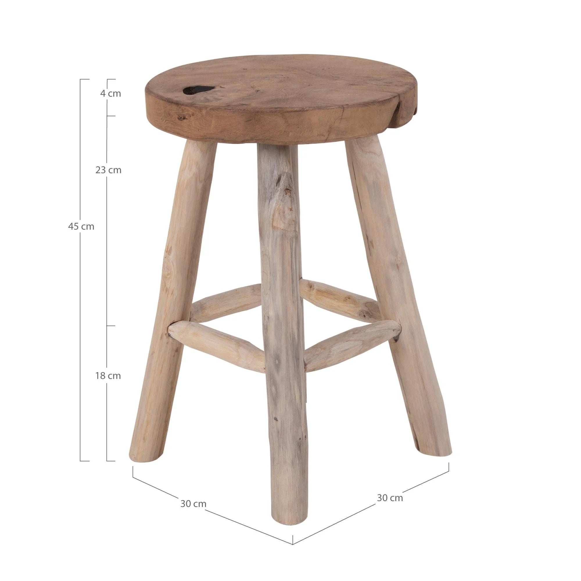 Tabouret rond en teck massif naturel avec nœuds apparents, trois pieds, Ø30x45 cm