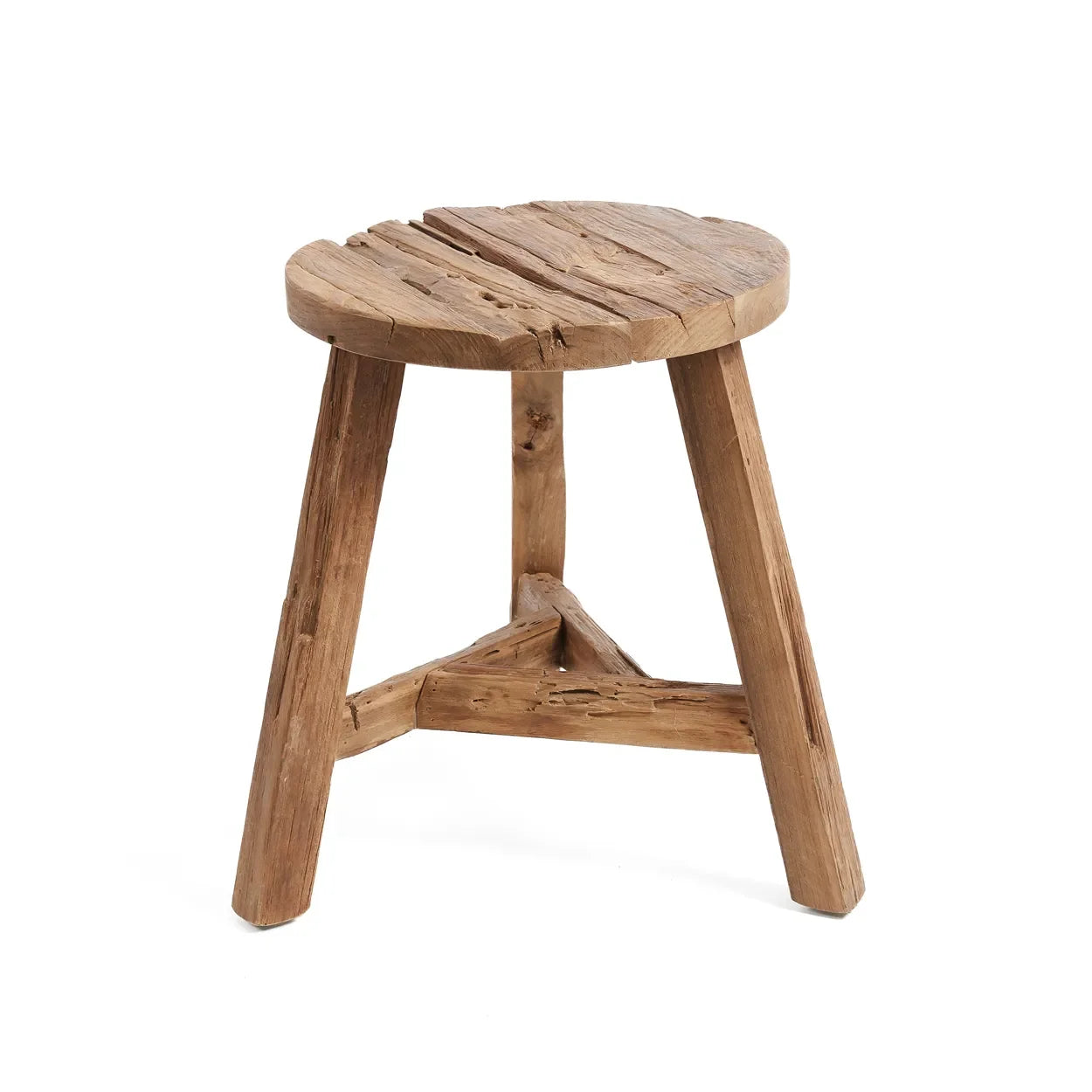 Tabouret rond en teck recyclé avec finition naturelle, hauteur 45 cm