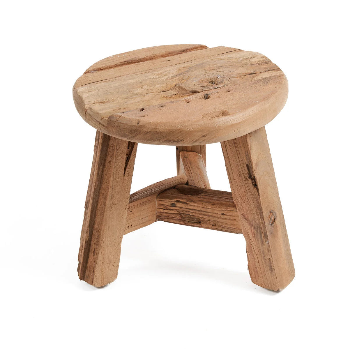 Tabouret rond en teck recyclé naturel avec pied en bois rustique diametre 30 cm