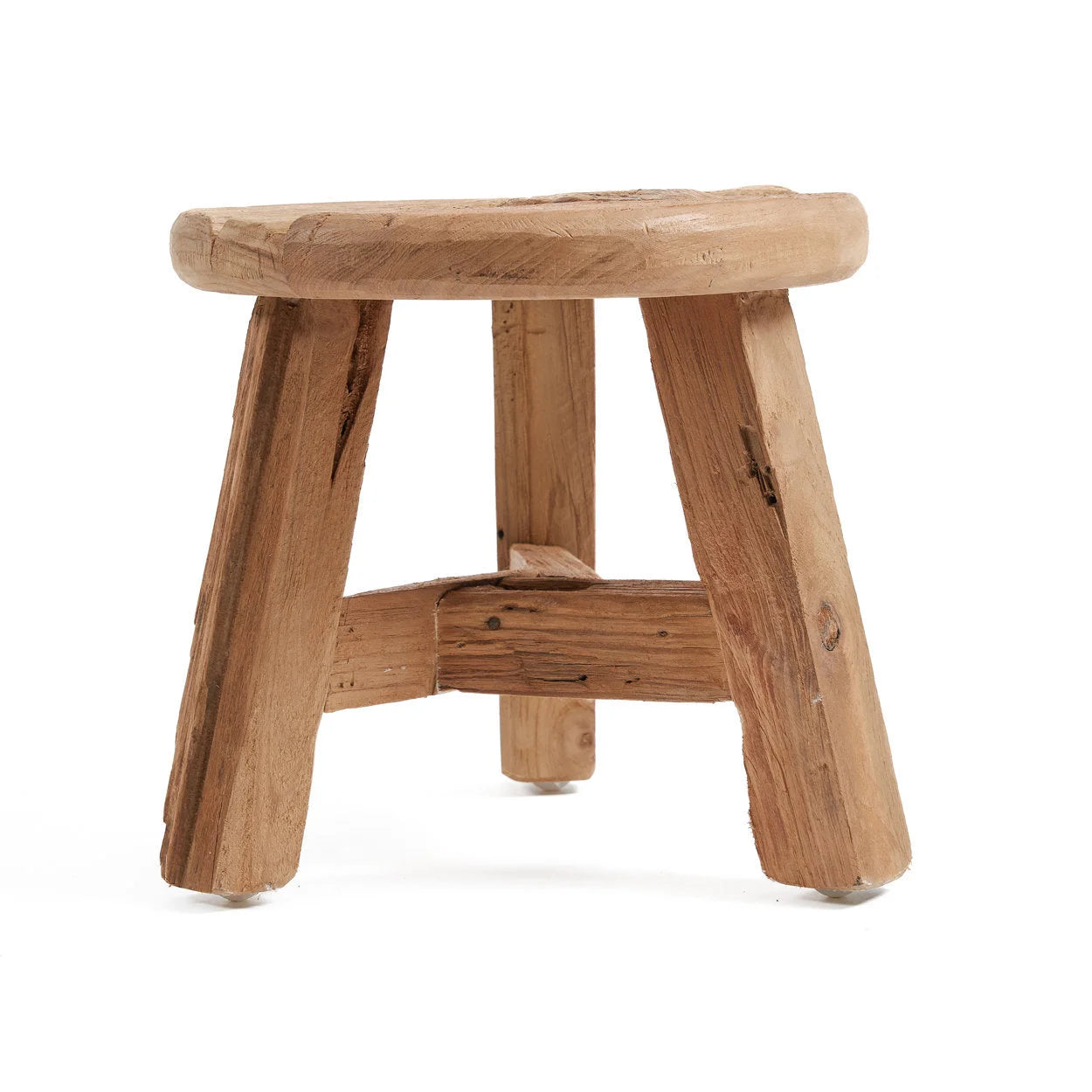 Tabouret rond en teck recyclé naturel avec pied en bois rustique de 30 cm