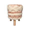 Tabouret rond tufté crème et rose en laine avec bois clair, style bohème, pieds en bois