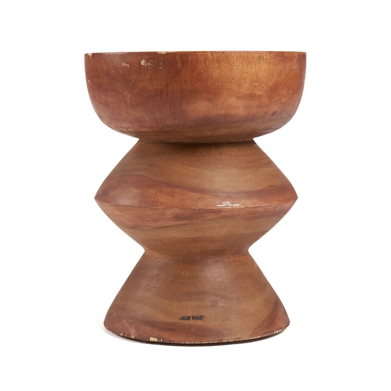 Tabouret sculptural en bois de Suar brun naturel en forme de sablier H50 cm