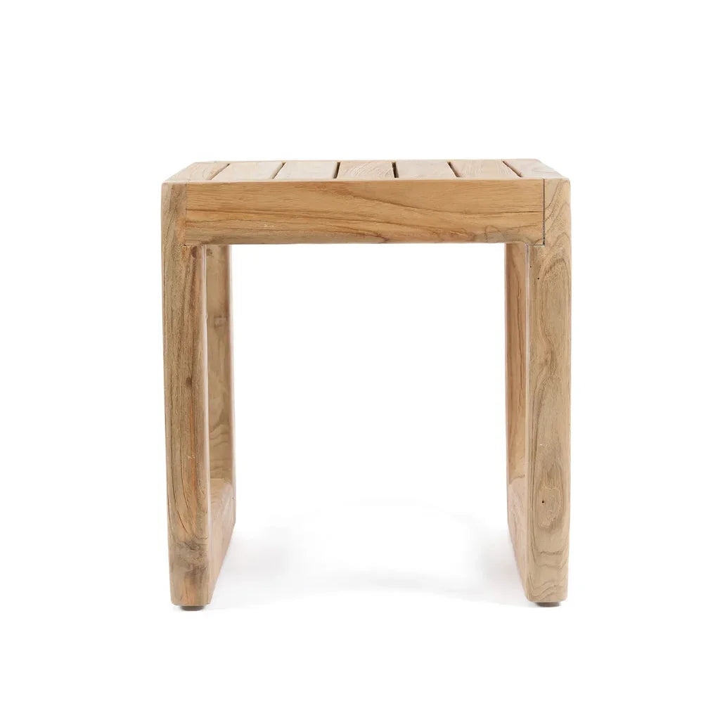 Tabouret Symi extérieur en bois avec plateau à lattes, élégant et robuste