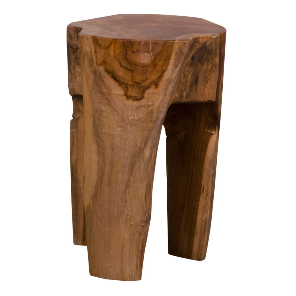 Tabouret en teck massif hexagonal rustique, finition naturelle Ø26x40 cm