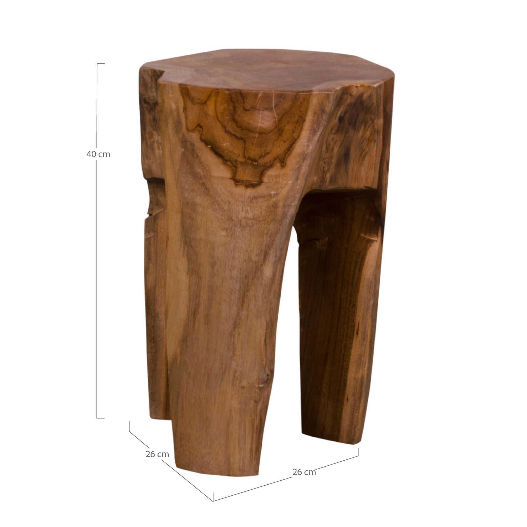 Tabouret en teck massif naturel, Ø26x40 cm, souche rustique à 3 pieds