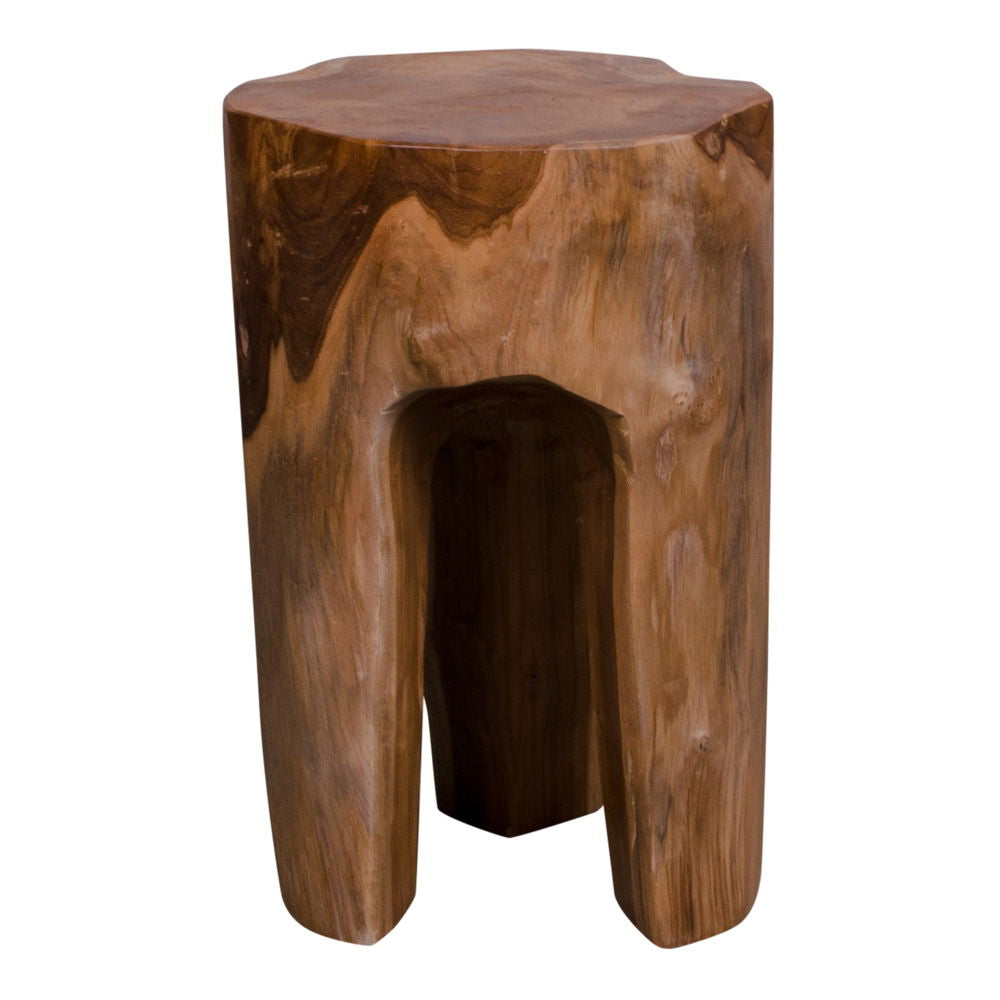 Tabouret en teck massif naturel Ø26x40 cm, design rustique organique