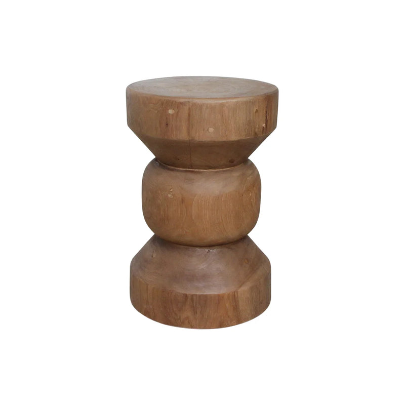 Tabouret en teck massif forme totem finition bois naturel – H45 cm