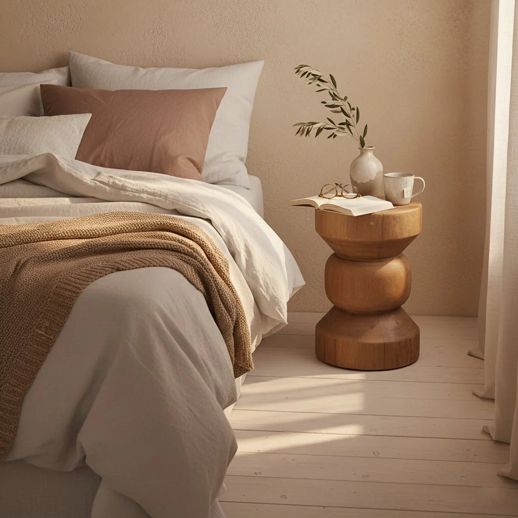 Tabouret en teck massif totem H45 cm finition bois naturel chaud empilé