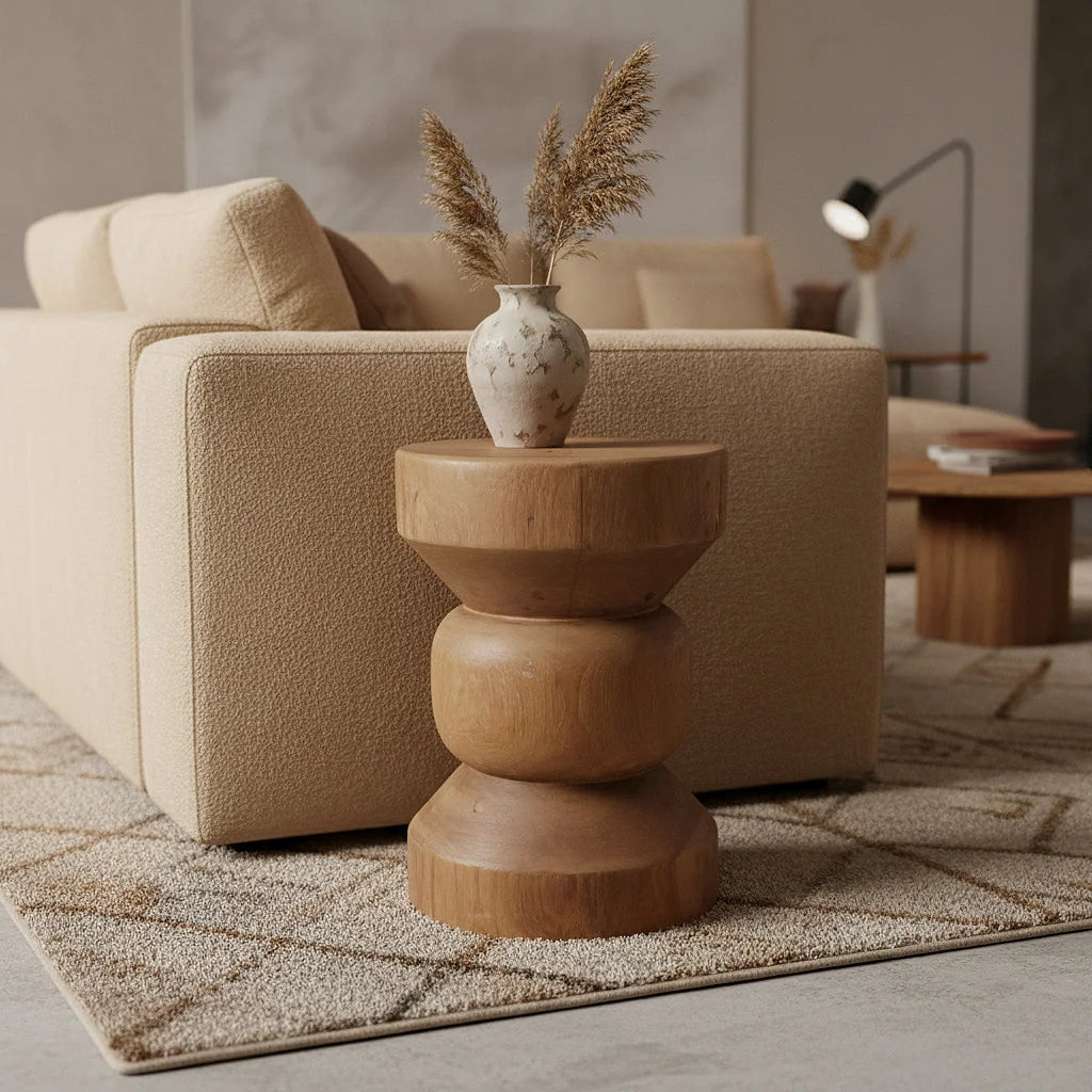 Vase céramique beige tacheté avec pampa séchée, sur tabouret teck totem H45 cm