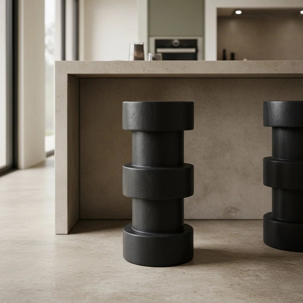 Tabouret en teck noir colonne mat H65 cm empilé design minimaliste