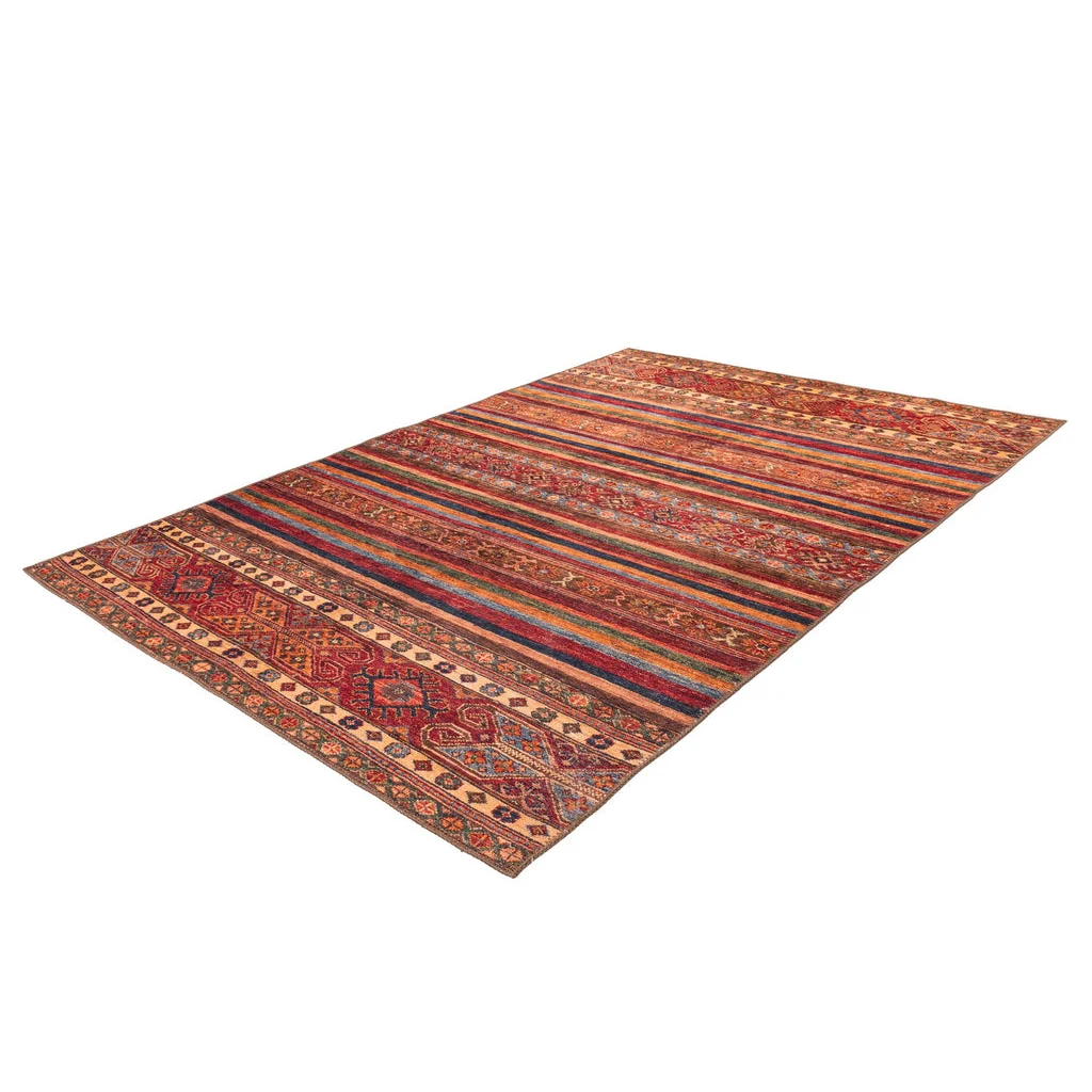Tapis rectangulaire multicolore à rayures avec motifs complexes et bordures Faye 700