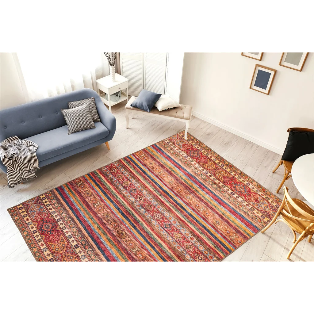 Tapis rectangulaire Faye 700 Multi / Rot 110cm x 180cm avec motifs traditionnels à rayures