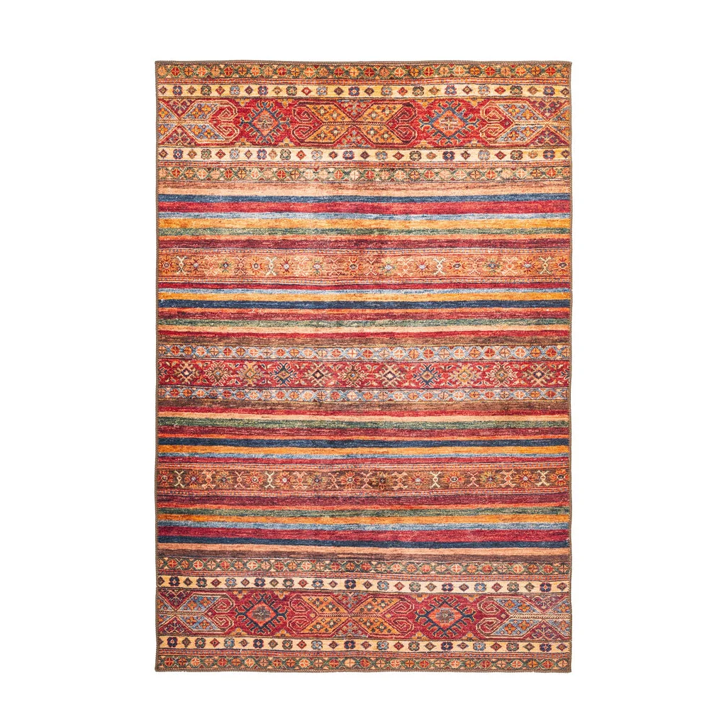 Tapis rectangulaire multicolore à rayures avec motifs complexes, Faye 700 Multi / Rot
