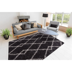 Tapis shaggy anthracite et écru avec motif losanges géométriques en polyester