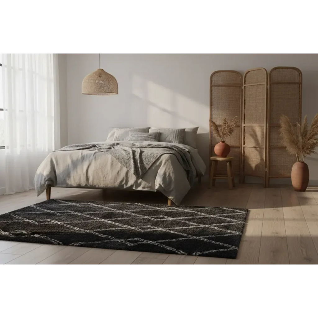 Image d’une chambre chaleureuse avec une housse de duvet gris clair et une couverture anthracite et écru en polyester Tapis shaggy à losanges