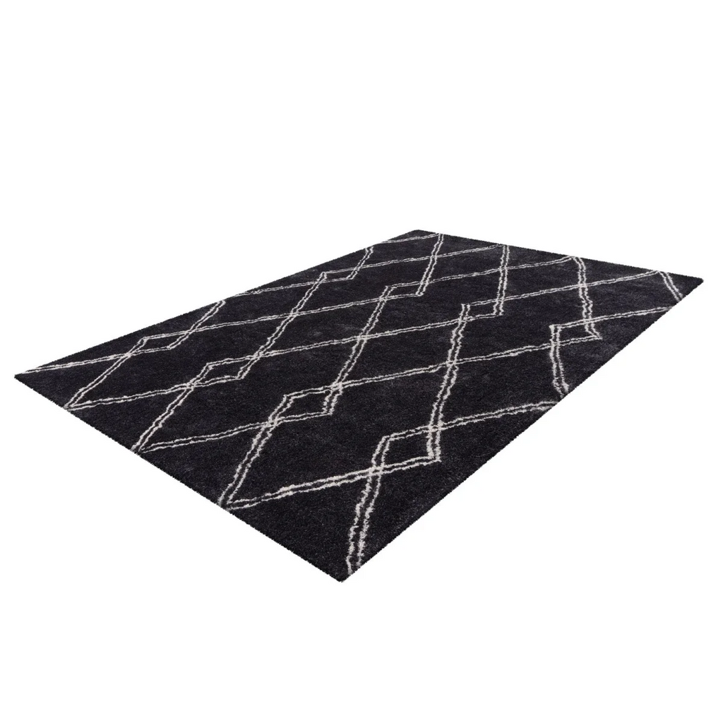 Tapis shaggy à losanges anthracite et écru en polyester avec motifs géométriques