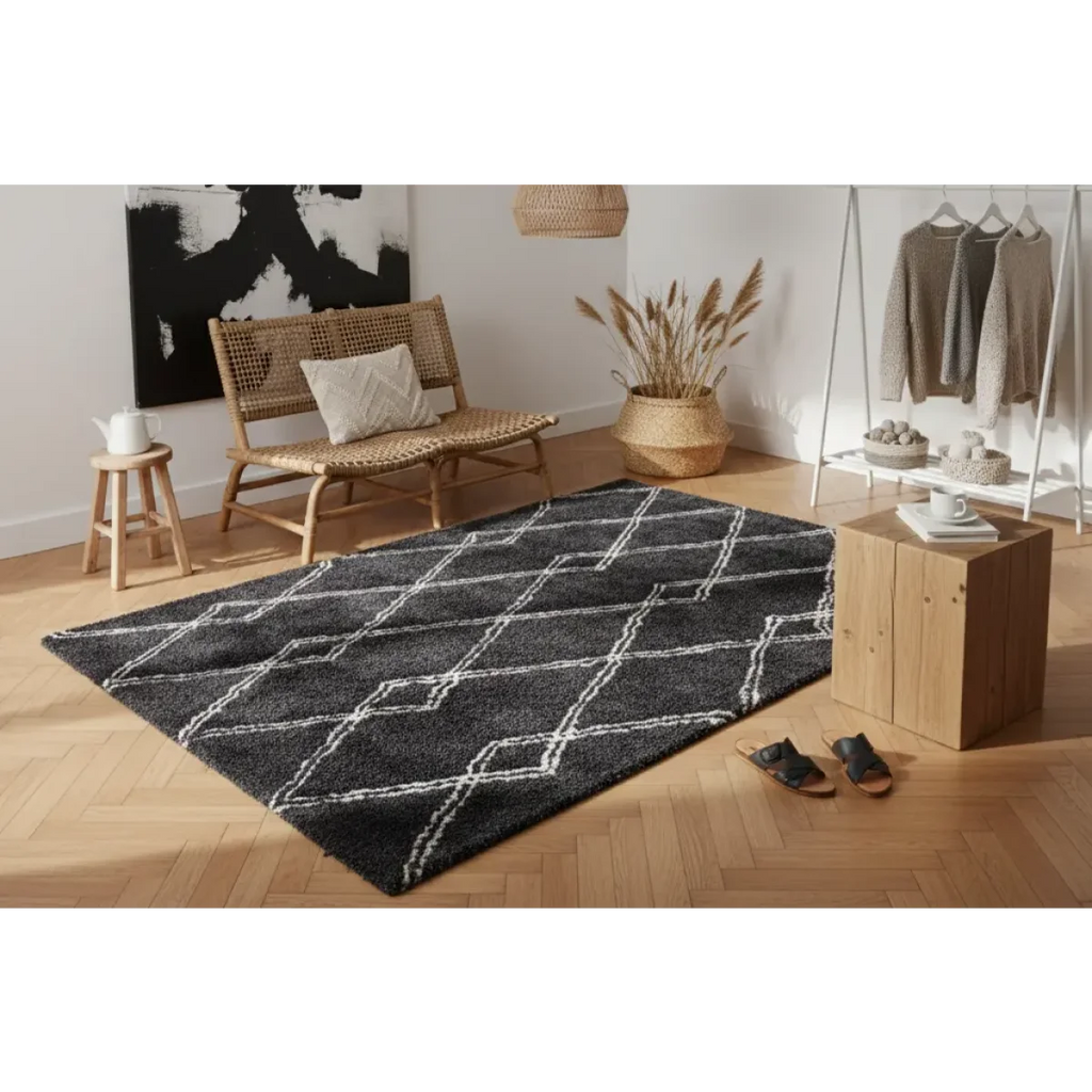 Tapis shaggy anthracite et écru avec motif losanges géométriques en polyester