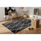 Tapis shaggy anthracite et écru avec motif losanges géométriques en polyester