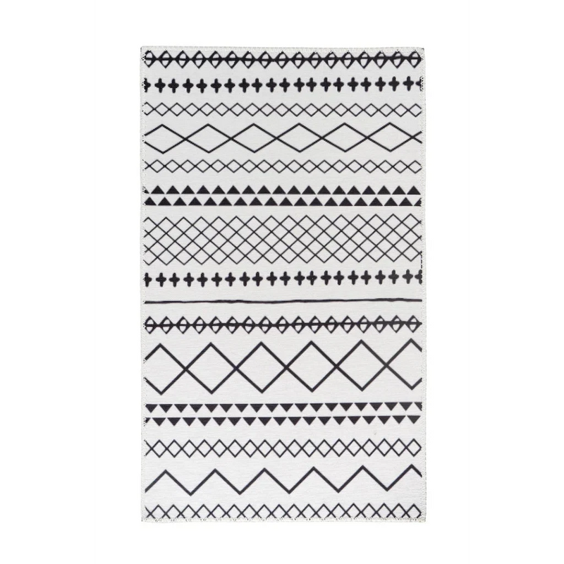 Tapis berbère rectangulaire motifs géométriques blanc et noir tissé plat