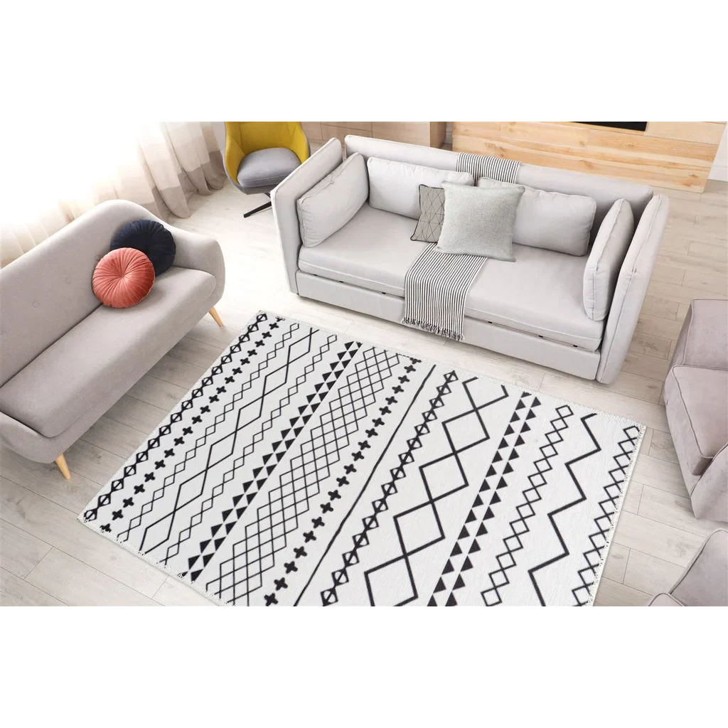 Tapis blanc avec motifs géométriques noirs, Maya 400 Weiß / Schwarz 160cm x 230cm