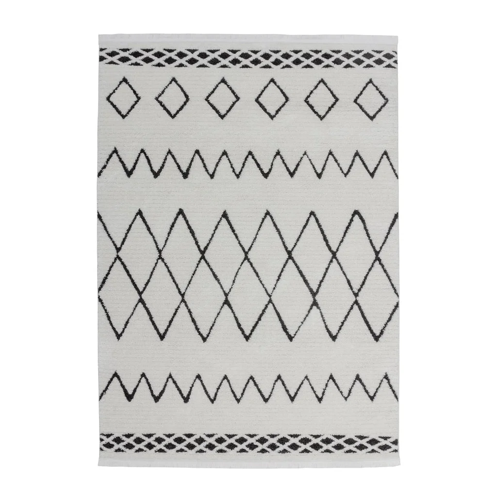 Tapis berbère rectangulaire en coton mélangé avec motifs losanges noirs et franges