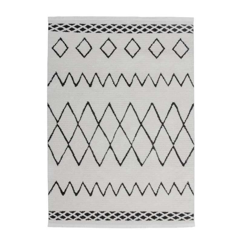 Tapis rectangulaire blanc motifs géométriques noirs