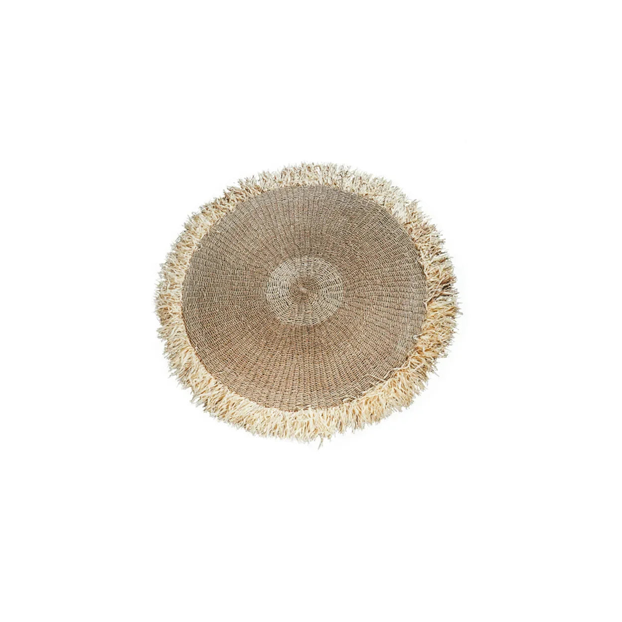 Roue tissée ronde avec frange, Tapis bohème 100x100 cm en raphia et jonc de mer
