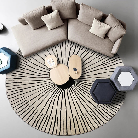 Tapis bohème noir et blanc dans un salon moderne