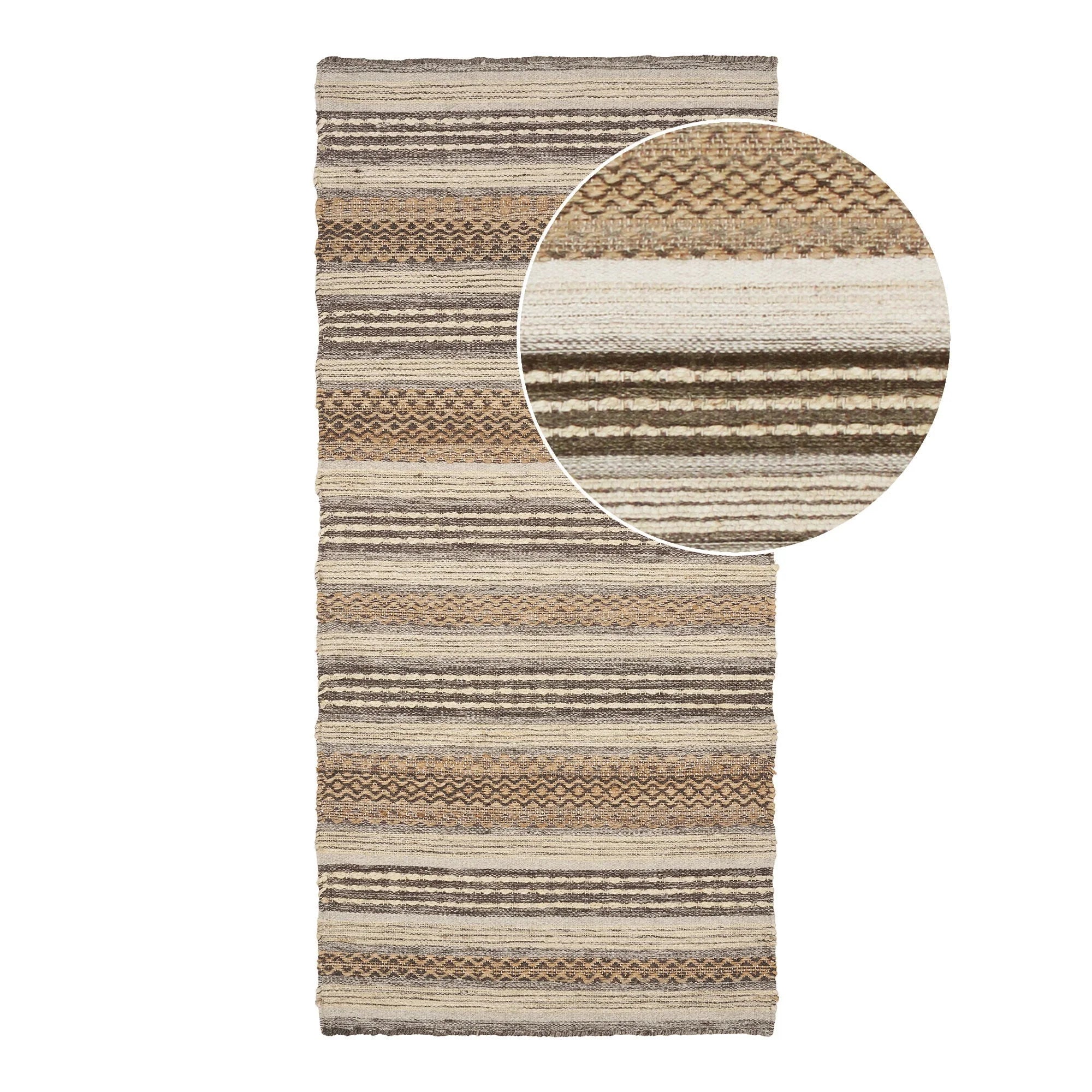 Tapis de couloir en jute et laine rayé beige et brun, rectangulaire 80x180 cm