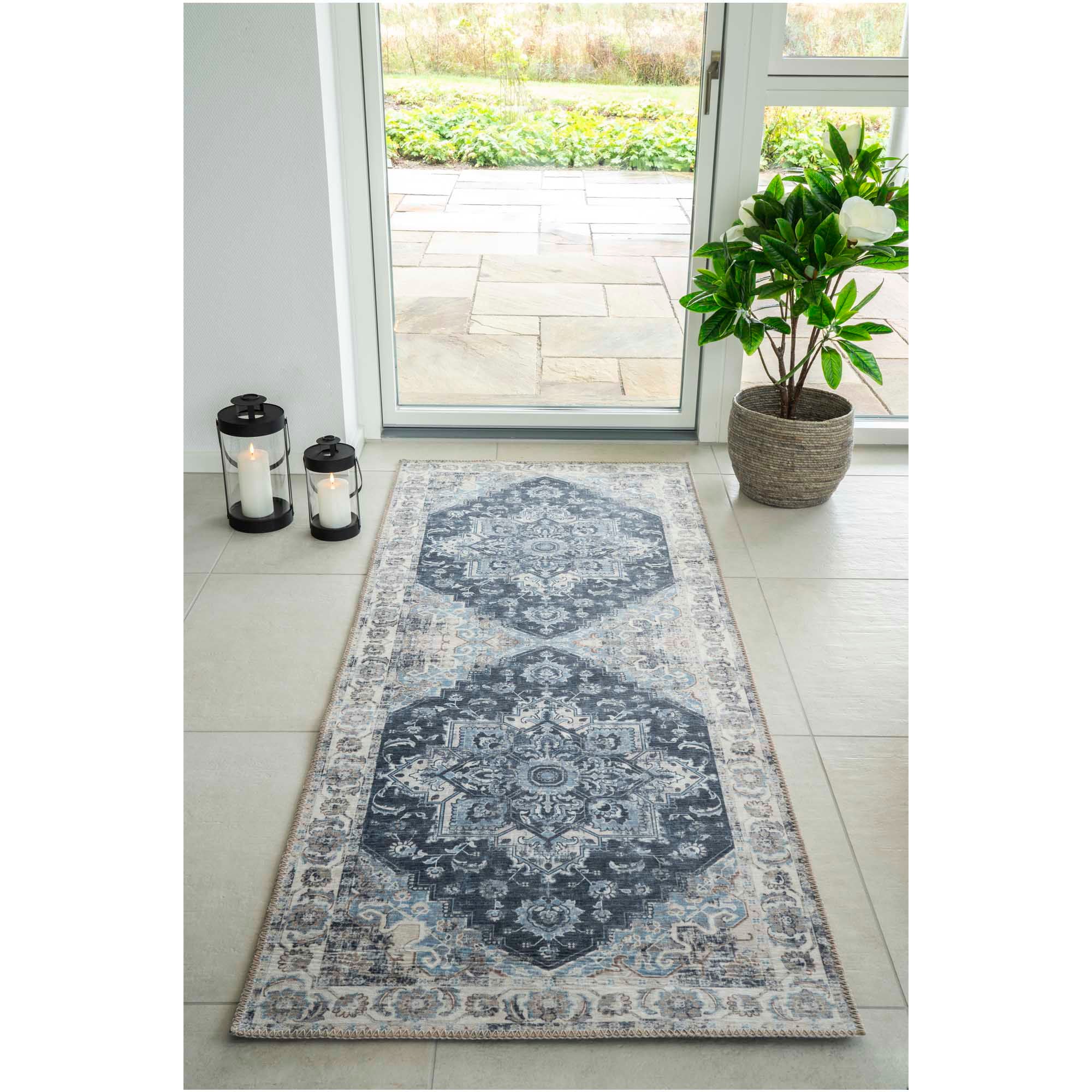 Tapis de couloir persan bleu vintage 80x200 cm navy et beige