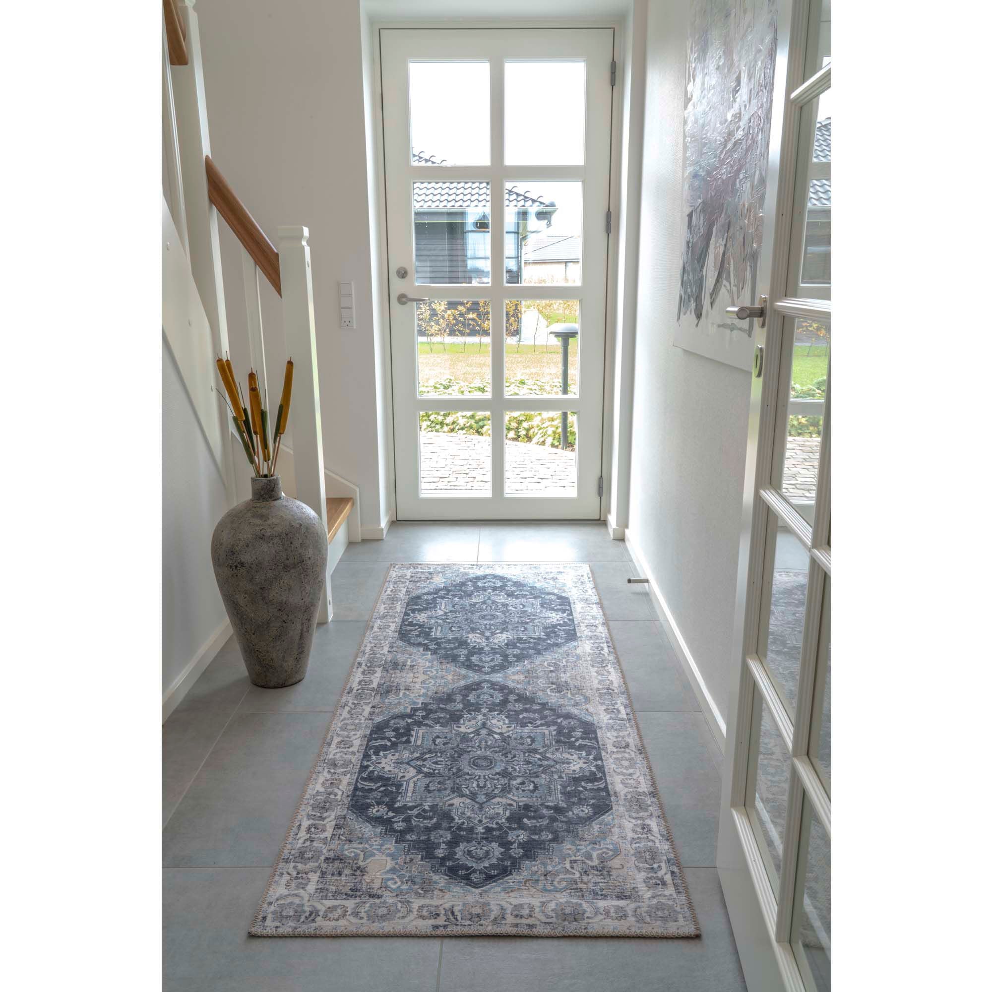 Tapis de couloir persan bleu 80x200 cm, motif orné bleu-gris délavé sur beige clair