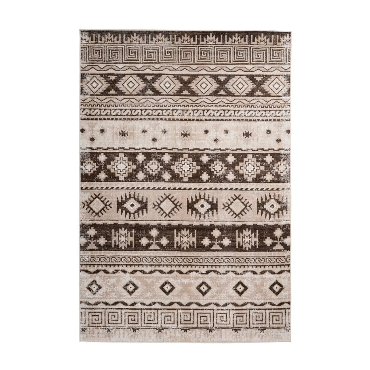 Tapis court rectangulaire avec motifs ethniques géométriques en taupe et beige 120x170 cm