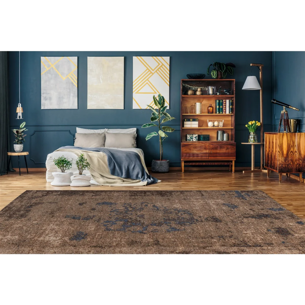 Tapis court vintage délavé marron et bleu ardoise avec motif abstrait 80x150 cm