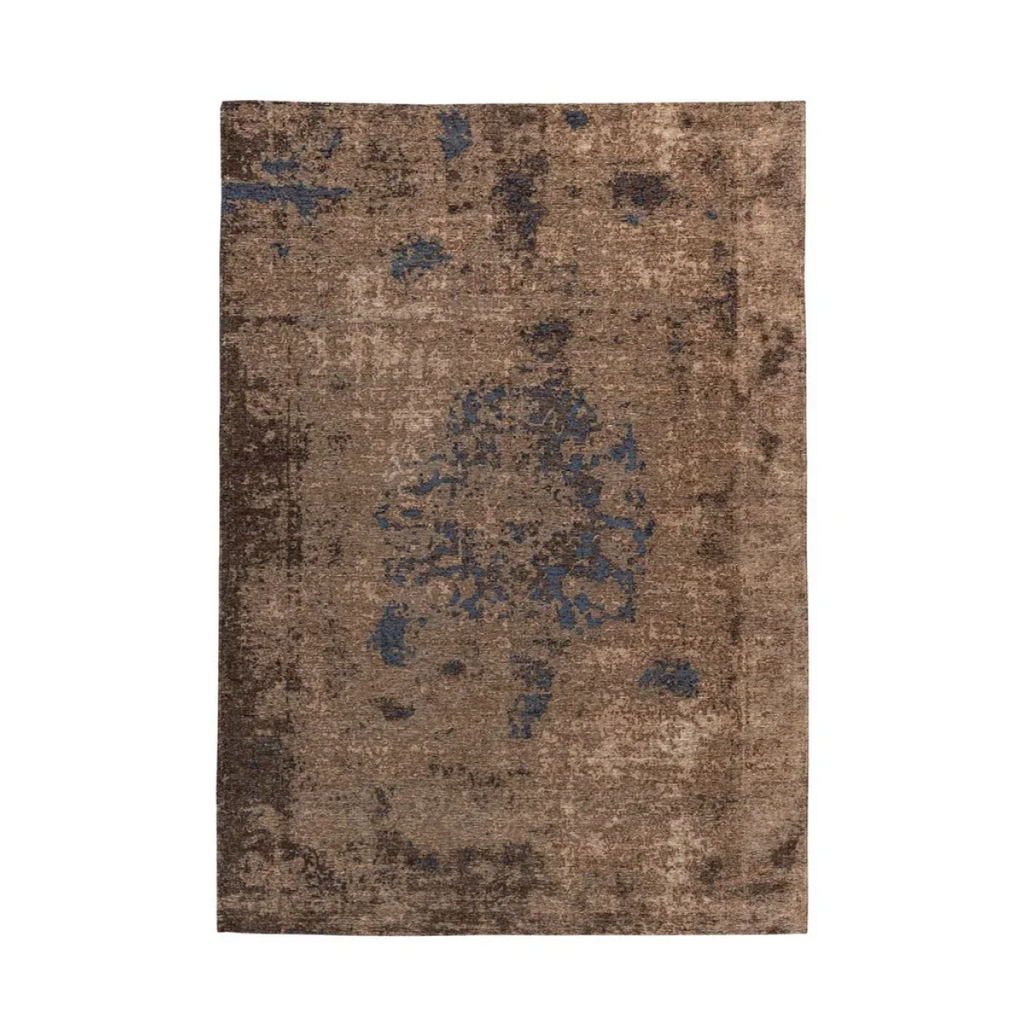 Tapis court vintage délavé marron et bleu ardoise avec motif floral abstrait 80x150 cm