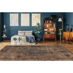 Tapis court vintage délavé marron et bleu ardoise avec motif abstrait 80x150 cm