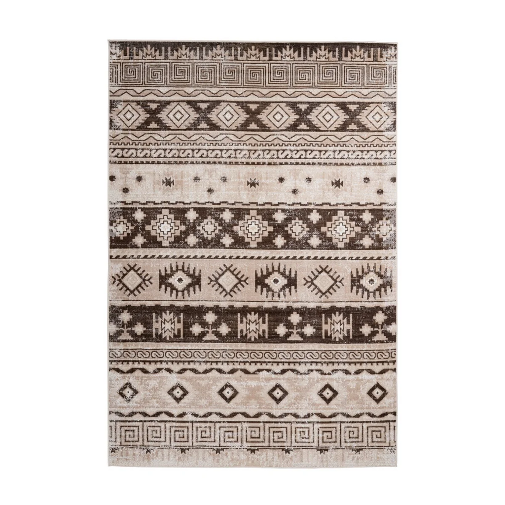 Tapis ethnique motifs géométriques taupe et beige avec motif tribal abstract