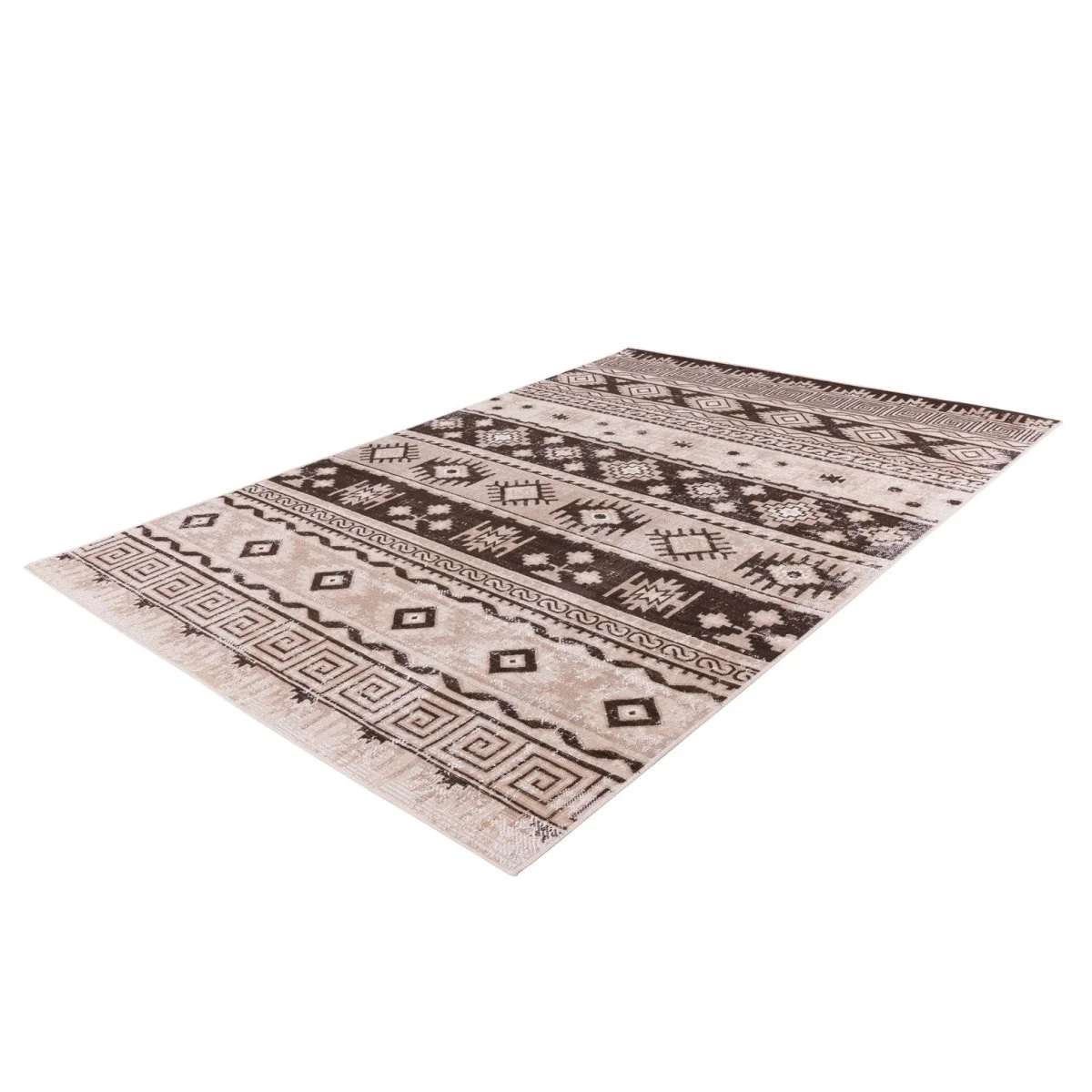Tapis ethnique motifs géométriques taupe et beige avec base beige et motifs bruns