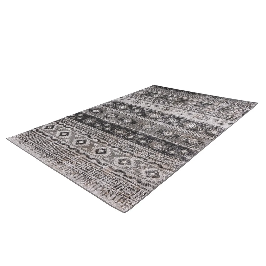 Tapis ethnique rectangulaire avec motifs géométriques en gris, noir et blanc 80x150 cm