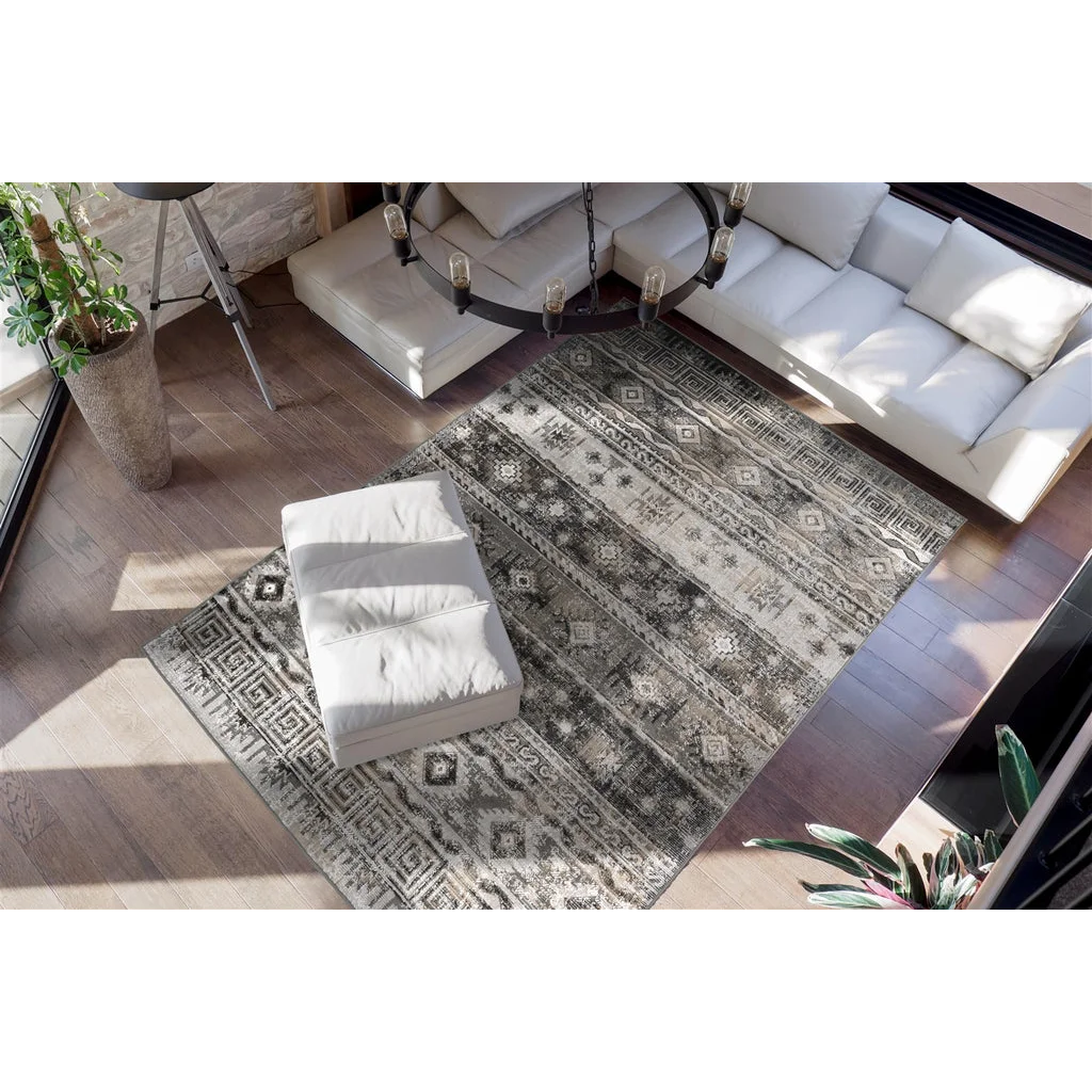 Tapis ethnique rectangulaire avec motifs géométriques gris, 80x150 cm