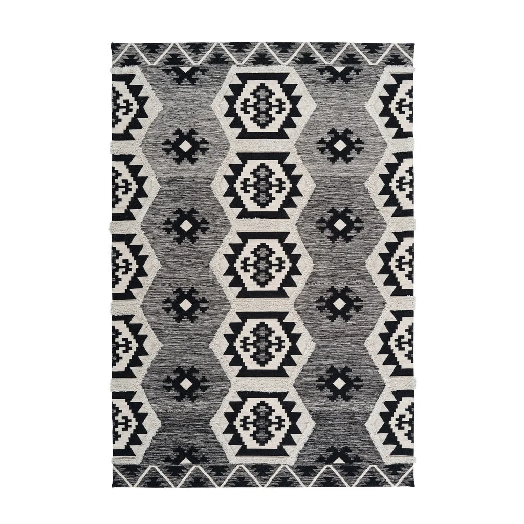 Tapis ethnique rectangulaire en coton gris, noir et blanc avec motifs géométriques