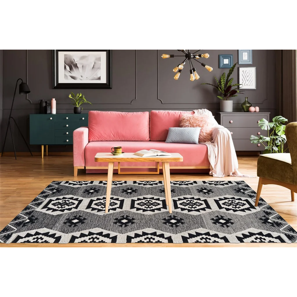 Tapis ethnique rectangulaire gris en coton avec motifs géométriques 160x230 cm