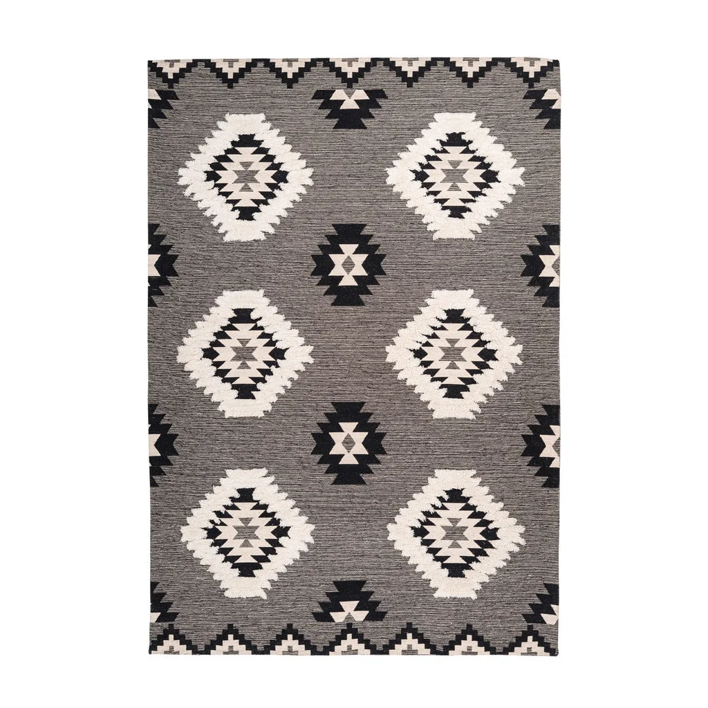 Tapis ethnique rectangulaire noir et blanc en coton avec motifs losanges 120x170 cm