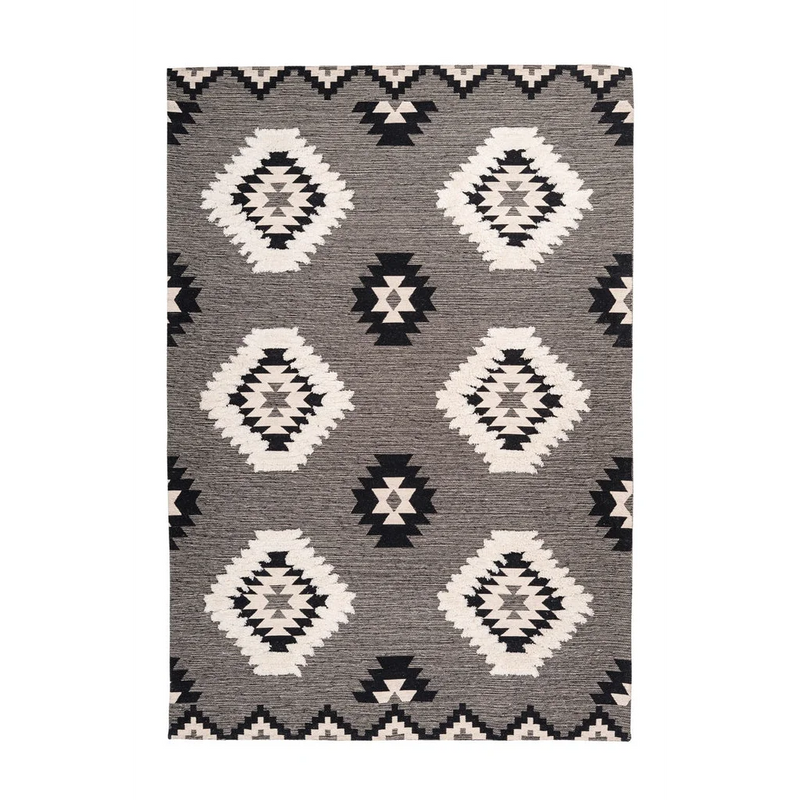 Tapis ethnique rectangulaire noir et blanc en coton motifs losanges – 120x170 cm