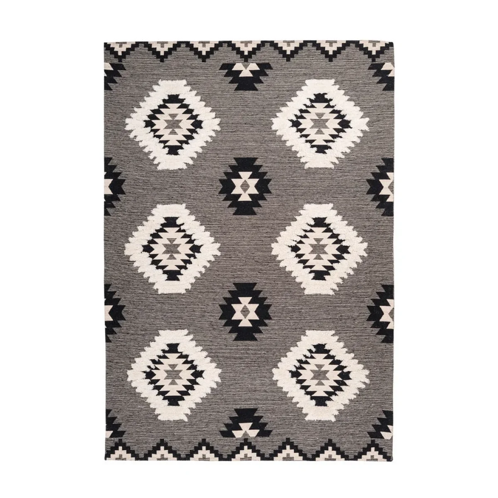 Tapis ethnique rectangulaire noir et blanc en coton avec motifs losanges 120x170 cm