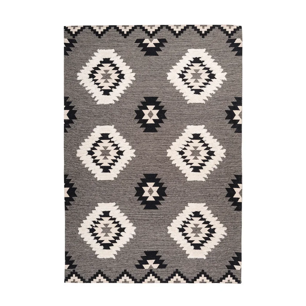 Tapis ethnique rectangulaire noir et blanc en coton avec motifs losanges 120x170 cm