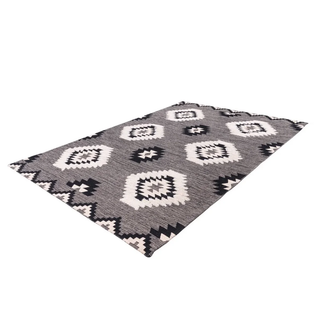Tapis ethnique rectangulaire noir et blanc en coton avec motifs losanges 120x170 cm