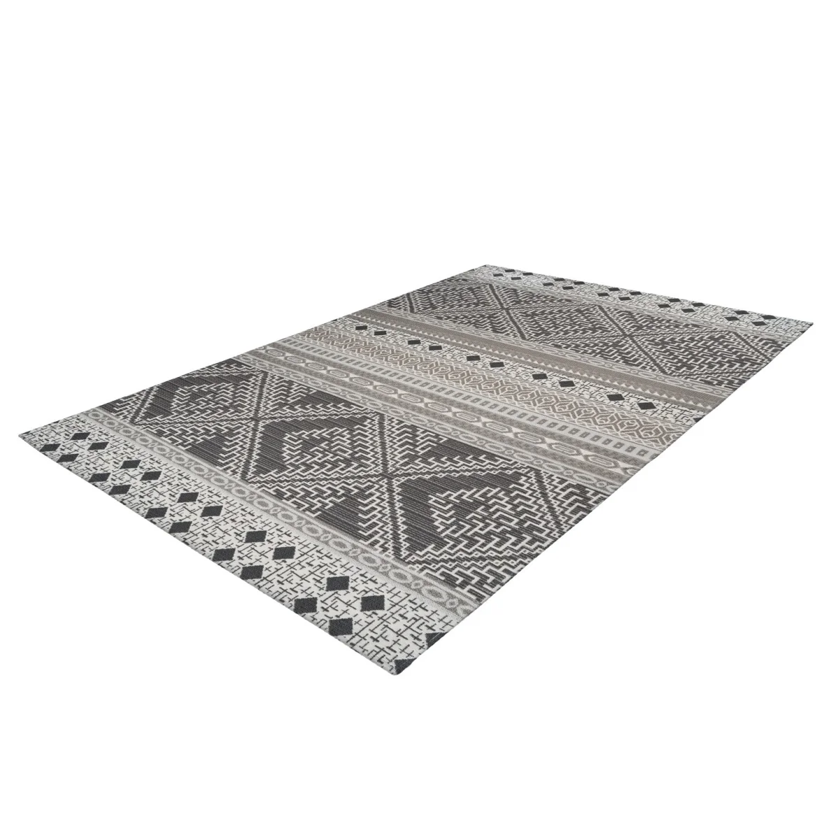 Tapis ethnique rectangulaire tissé taupe et crème avec motif géométrique noir et blanc