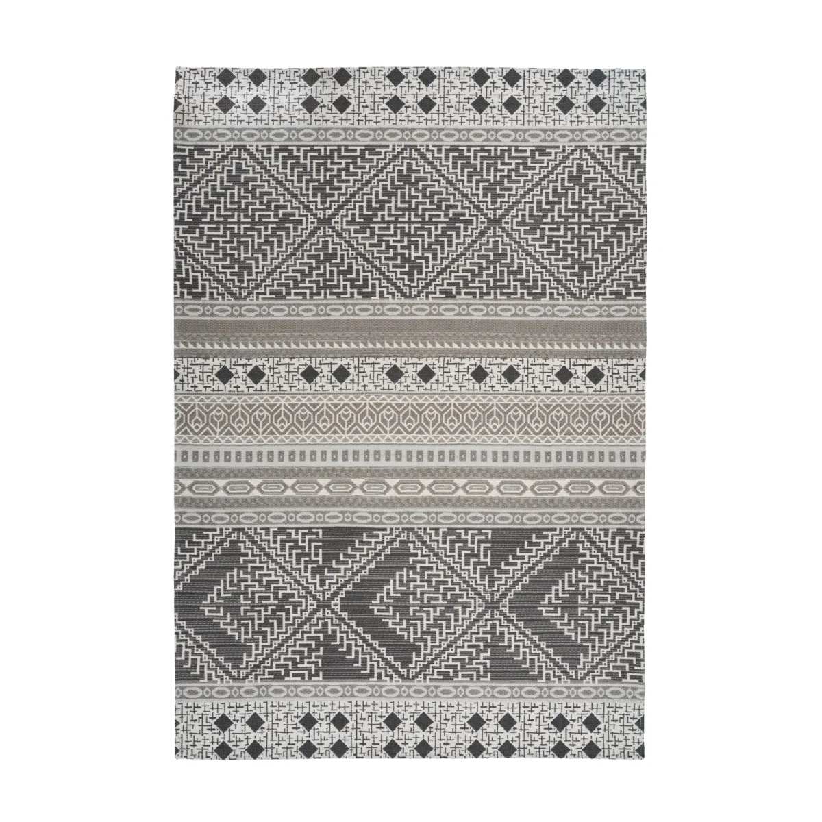 Tapis ethnique rectangulaire tissé taupe et crème avec motifs géométriques gris et blanc