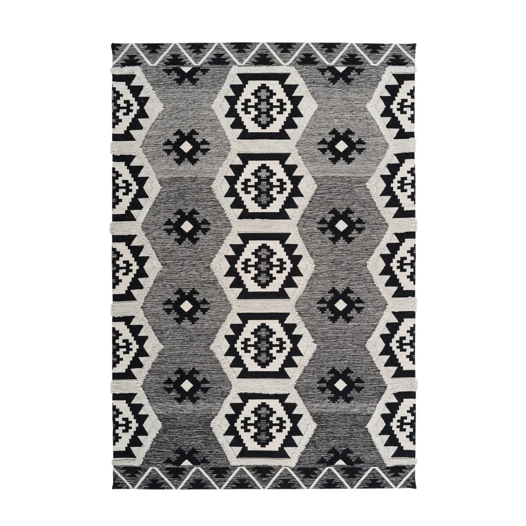 Tapis ethnique tissé motifs aztec noir et blanc en coton 200x290 cm